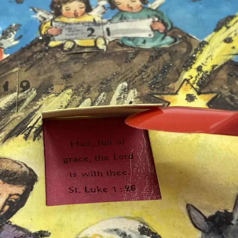 Vintage German Advent Christmas Calendar Manger Jesus Angel Glitter Bible Verse